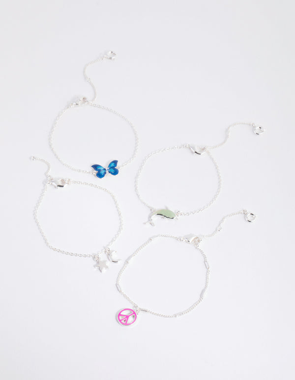 Silver Butterfly Bracelet & Anklet 4-Pack Set