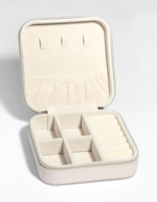 Cream Faux Leather Compact Square Jewellery Box