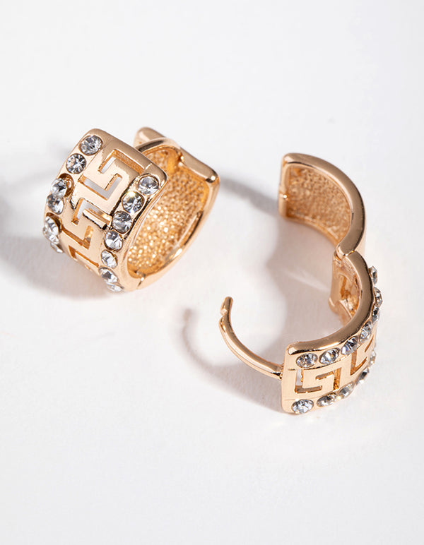 Gold Diamante Grecian Key Huggie Earrings