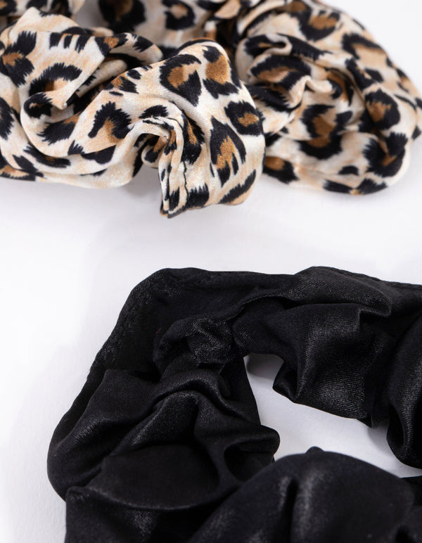 Black & Leopard Silk Scrunchie Pack