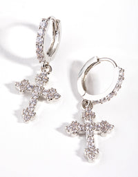 Silver Diamond Simulant Cross Huggie Earrings - link has visual effect only