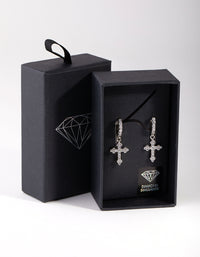 Silver Diamond Simulant Cross Huggie Earrings - link has visual effect only