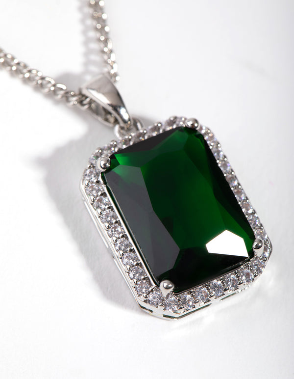 Silver Diamond Simulant Emerald Rectangle Necklace