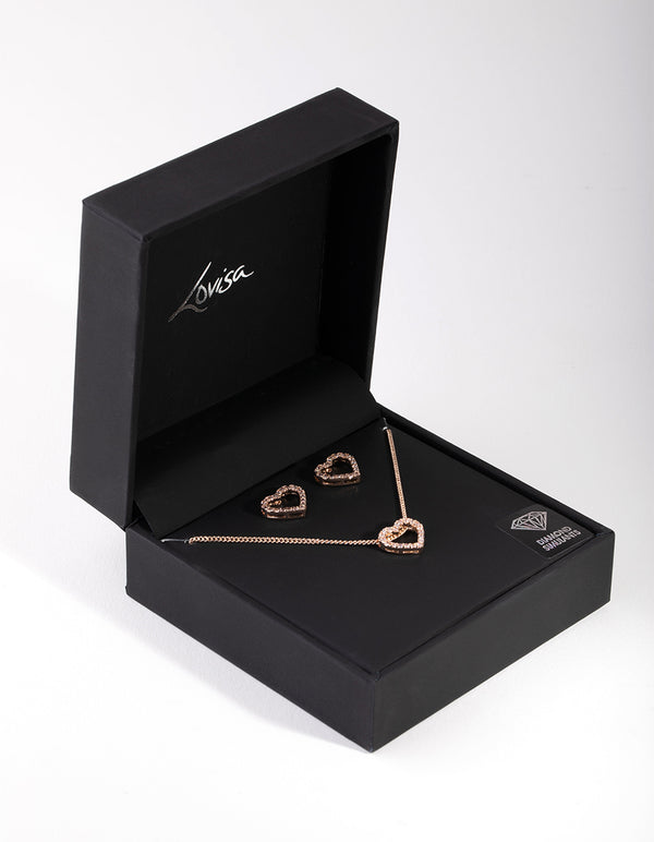 Rose Gold Diamond Simulant Heart Necklace & Earrings Set