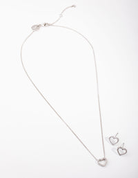 Silver Diamond Simulant Heart Necklace & Earrings Set - link has visual effect only