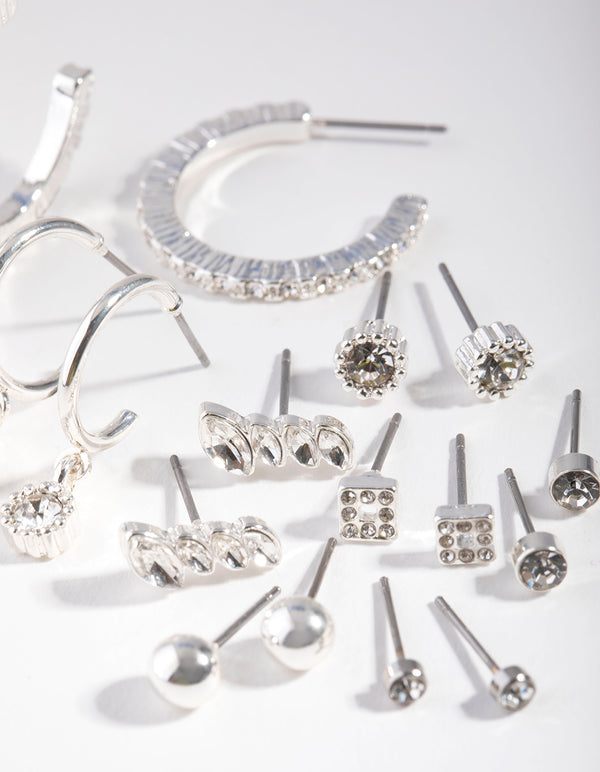 Silver Plain Diamante Stud Earring 8-Pack