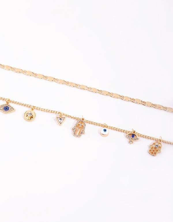 Gold Evil Eye,Hamsa & Chain Charm Anklet Pack
