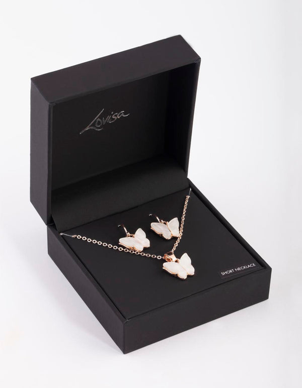 Rose Gold Butterfly Necklace & Earring Set