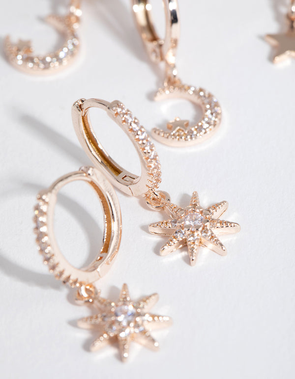 Rose Gold Plated Star & Moon Huggie Earring Pack