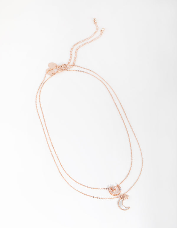 Rose Gold Plated Cubic Zirconia & Shell Crescent Moon Necklace Set