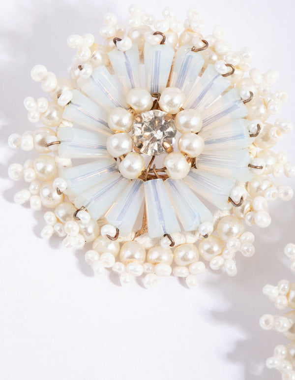 White Beaded Pearl Disc Stud Earrings