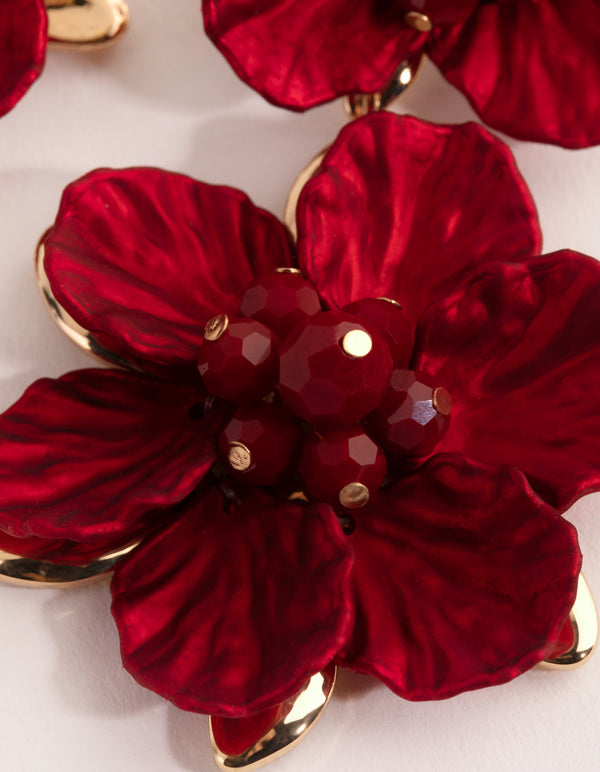 Red Large Pearlised Flower Drop Earrings
