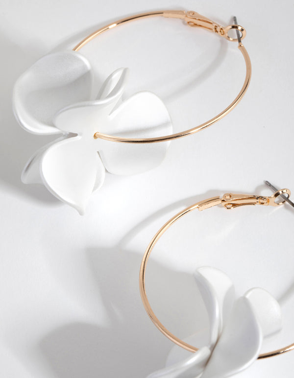 Gold Pearlised White Flower Hoop Earrings