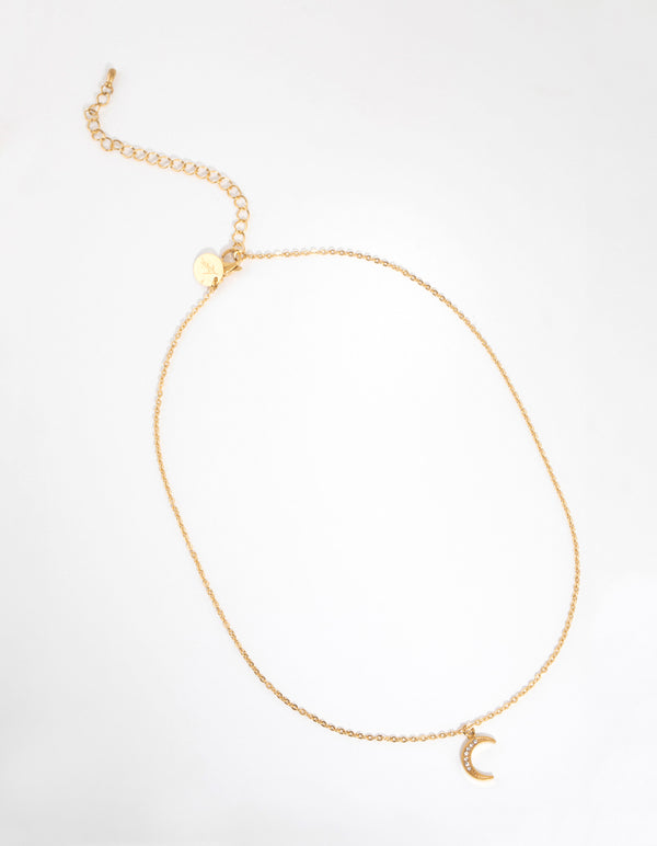 Gold Plated Surgical Steel Pave Moon Necklace