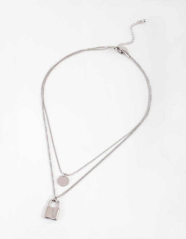 Rhodium Surgical Steel Disc & Padlock Layered Necklace