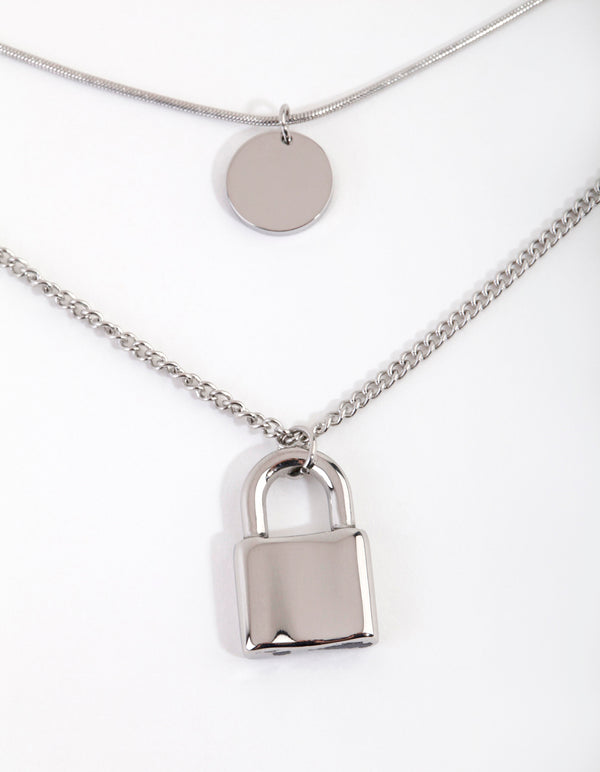 Rhodium Surgical Steel Disc & Padlock Layered Necklace