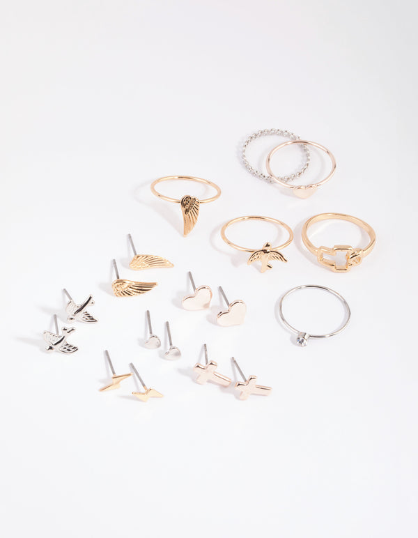 Mixed Metal Angelic Cross Earring & Ring Set