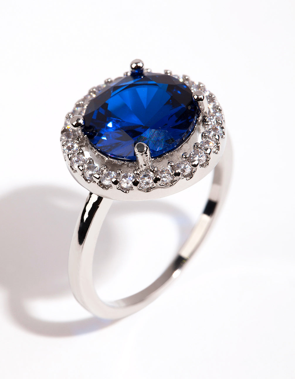 Silver Sapphire Cubic Zirconia Halo Ring