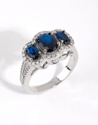 Silver Sapphire Cubic Zirconia Triple Stone Ring - link has visual effect only