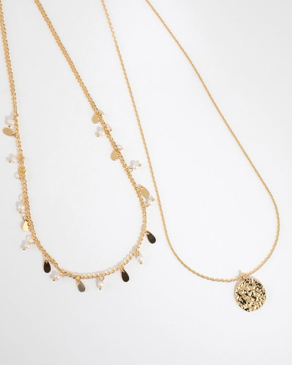 Gold Plated Freshwater Pearl & Molten Necklace Set