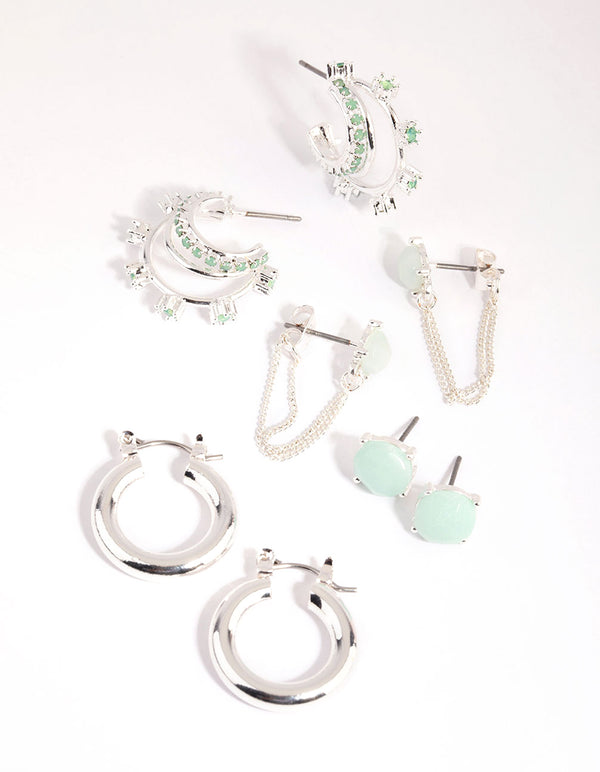 Silver Amazonite Hoop Earring Stack Pack