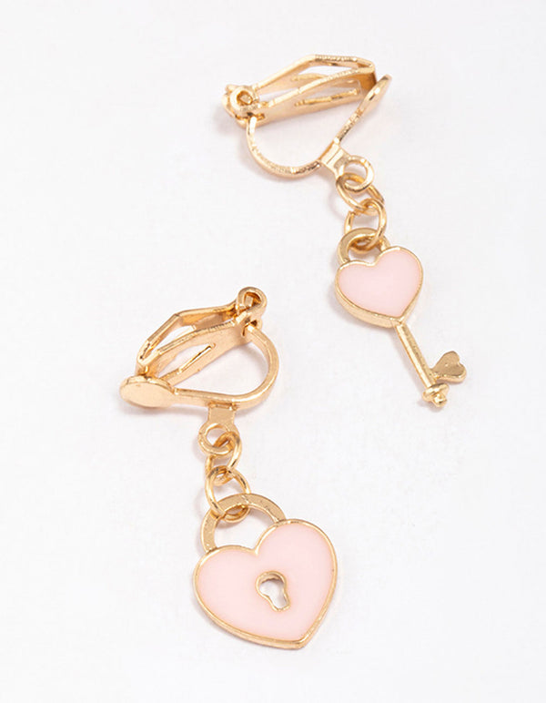 Pink Heart & Lock Clip-On Earrings