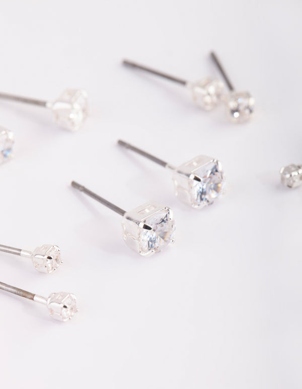 Silver Graduated Diamante Stud Earring 5-Pack