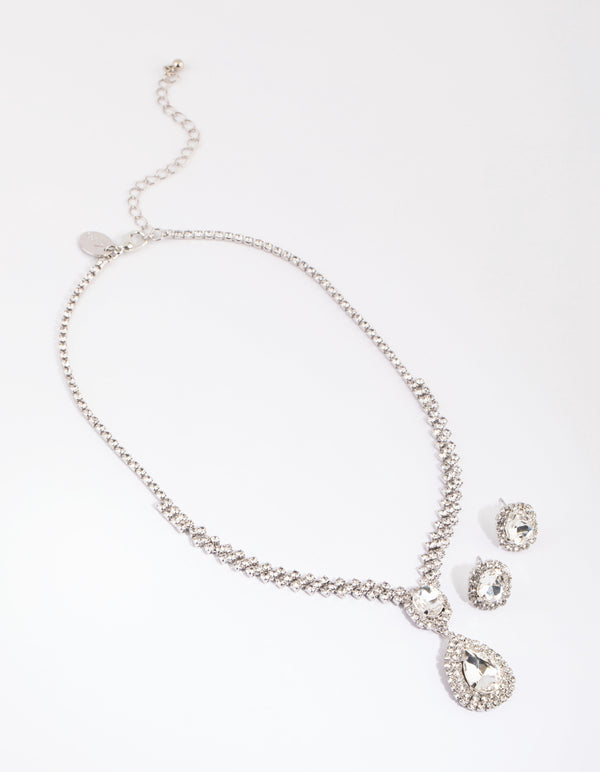 Rhodium Teardrop Surrounded Necklace & Earrings Set