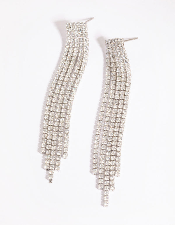 Silver Cubic Zirconia Cup Chain Fringe Drop Earrings