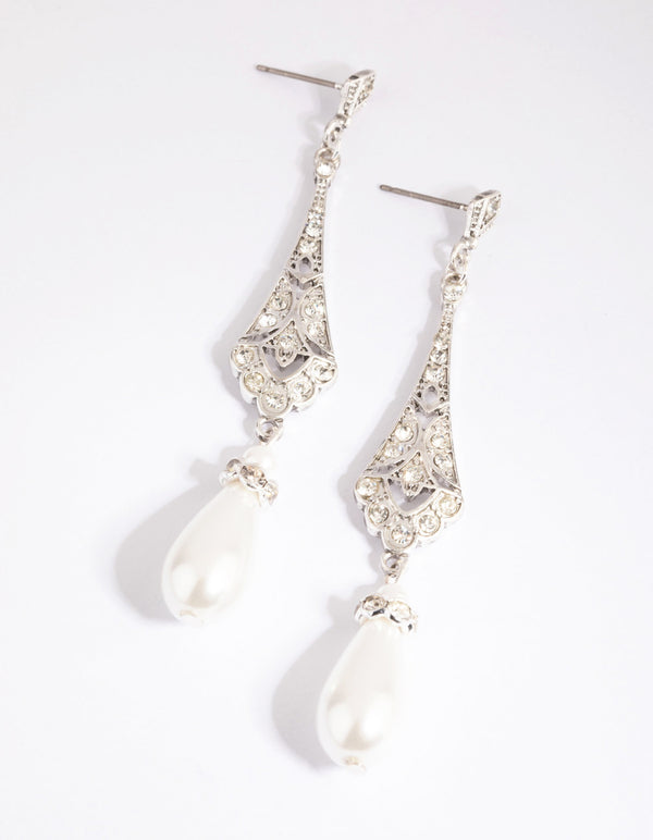 Antique Silver Diamante & Pearl Drop Earrings