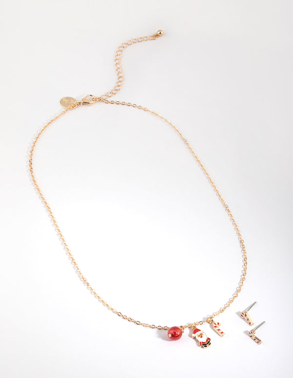 Kids Festive Santa & Candy Cane Necklace & Earrings Set