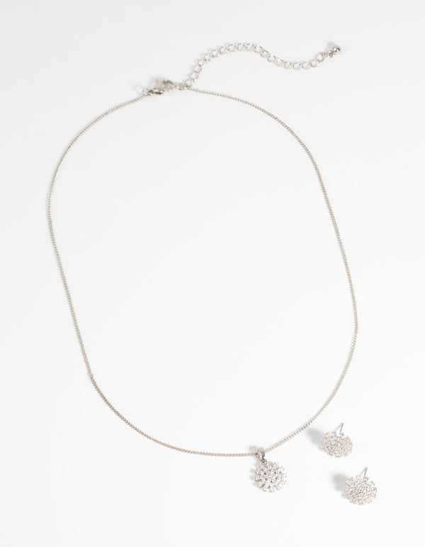 Rhodium Diamond Simulant Floral Necklace & Earrings Set