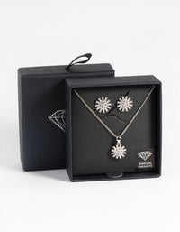 Rhodium Diamond Simulant Floral Necklace & Earrings Set - link has visual effect only