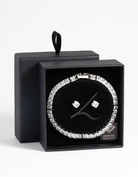 Silver Square Diamond Simulant Bracelet & Earrings Set - link has visual effect only