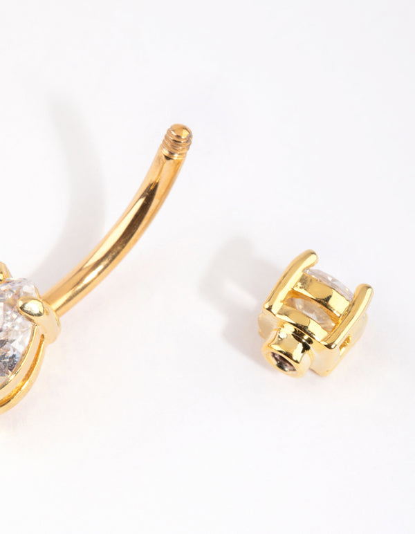 Gold Plated Titanium Pear Diamante Medium Belly Bar