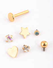 Gold Plated Titanium Single Flat Back Bar & Mixed Motif Interchangeable Ends 6-Pack