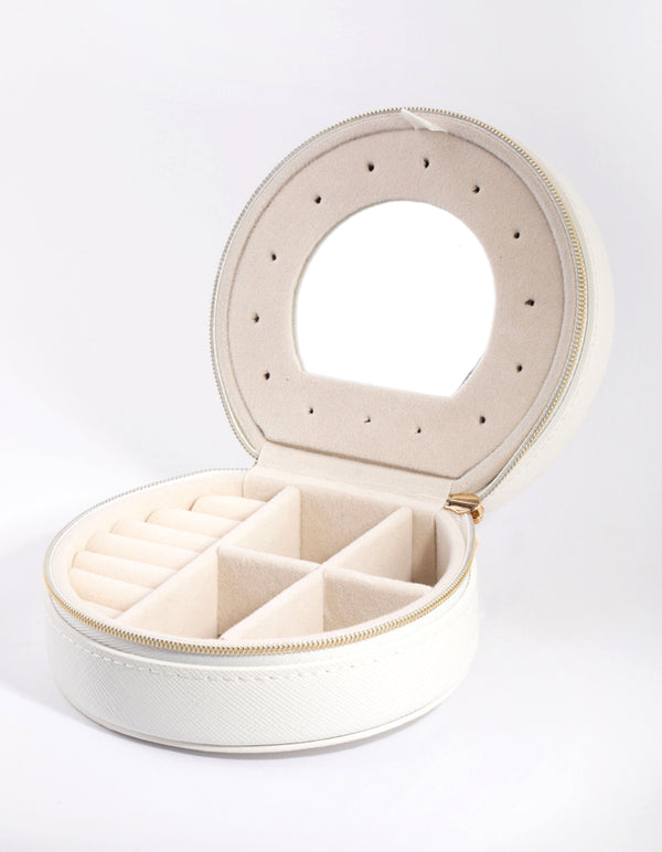 White Faux Leather Mirror Travel Jewellery Box