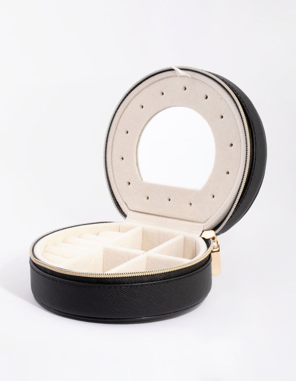 Black Faux Leather Mirror Travel Jewellery Box