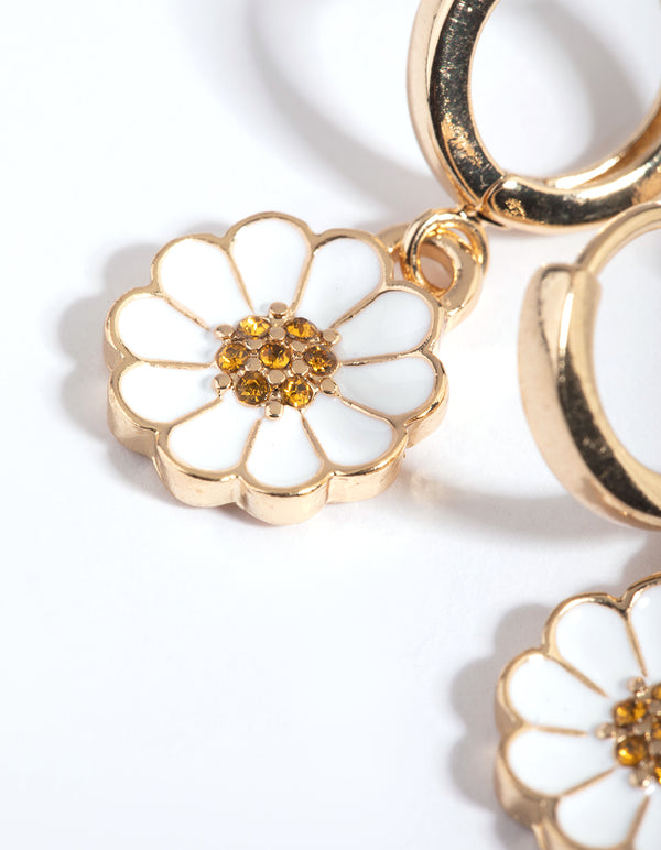 White Daisy Huggie Hoop Earrings