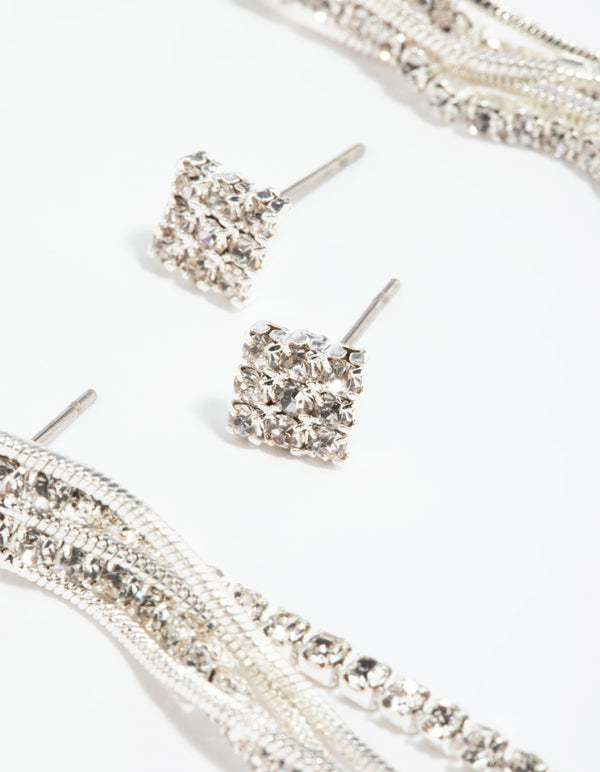 Silver Diamante Stud Earring Set
