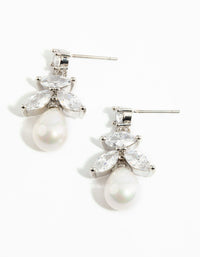 Silver Cubic Zirconia Leaf & Pearl Drop Earrings - link has visual effect only
