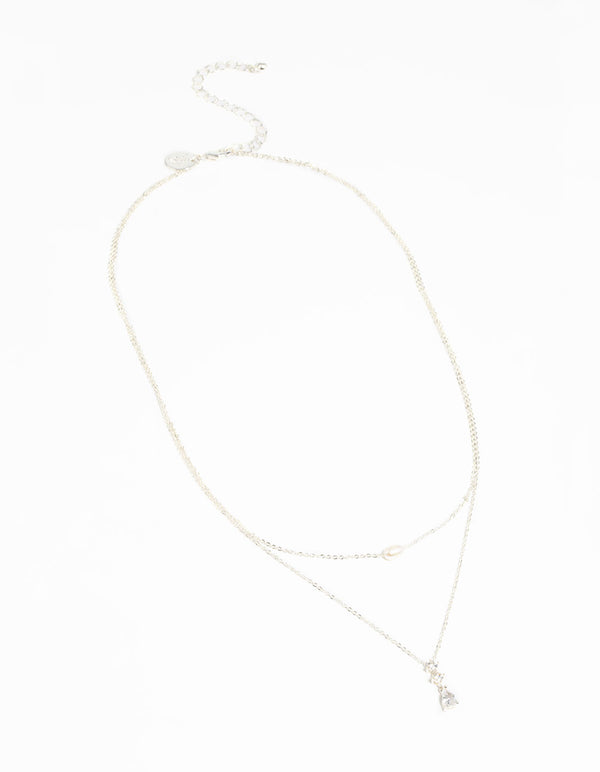 Silver Cubic Zirconia Freshwater Pearl Layered Necklace