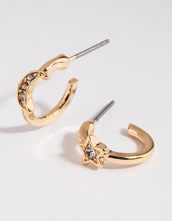 Gold Star & Moon Huggie Hoop Earrings