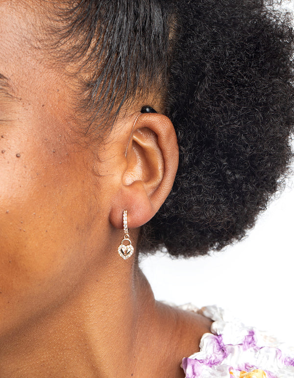 Gold Diamante Heart & Key Huggie Hoop Earrings