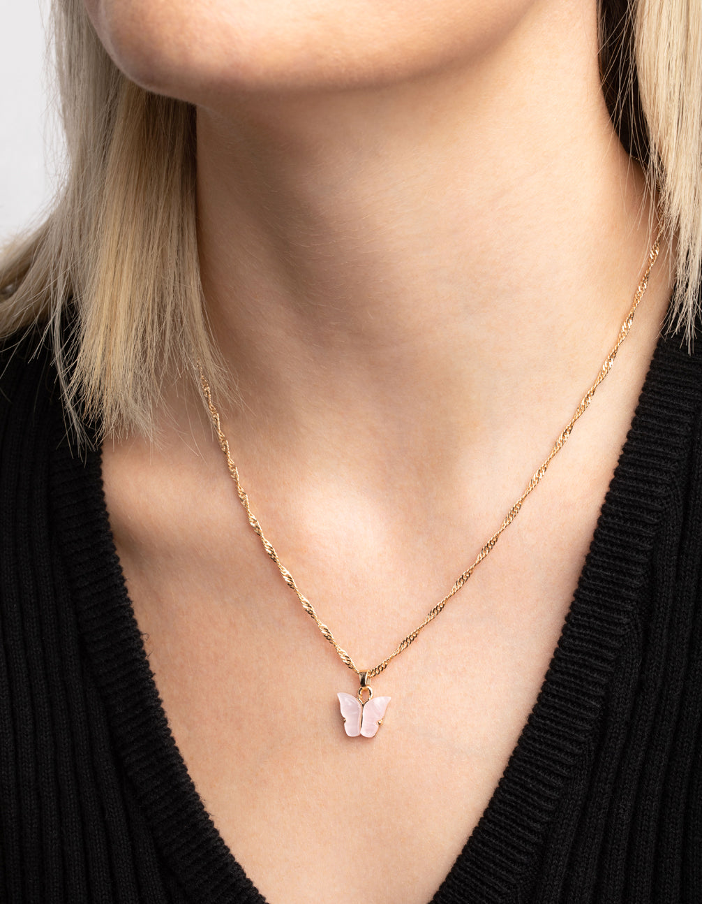 Pink Butterfly Necklace & Huggie Hoop Earrings
