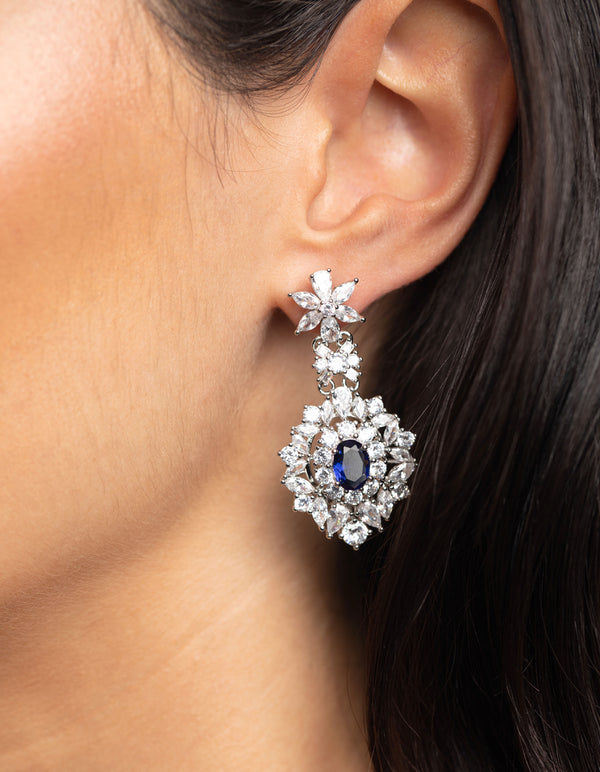 Rhodium Diamond Simulant Sapphire Drop Earrings