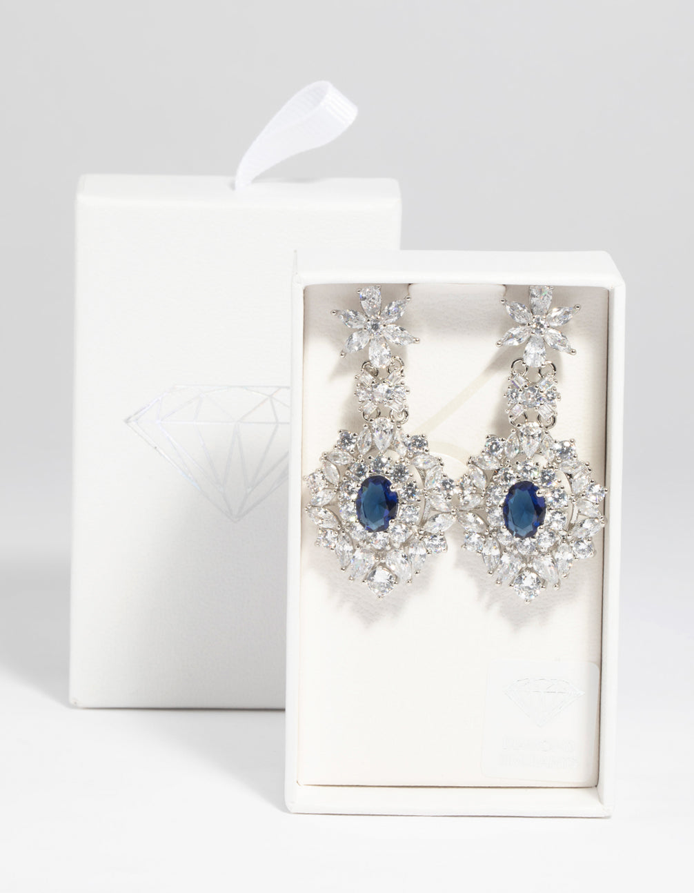 Rhodium Diamond Simulant Sapphire Drop Earrings