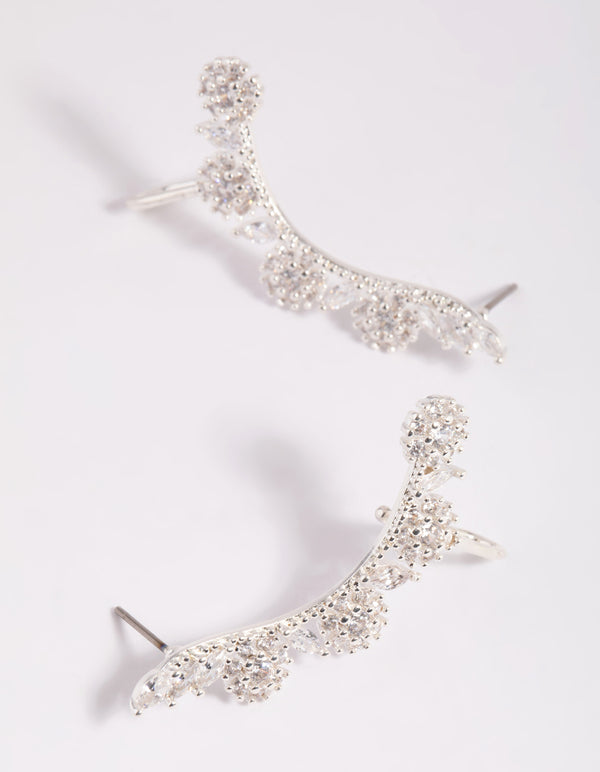 Silver Cubic Zirconia Rose Cuff Earrings
