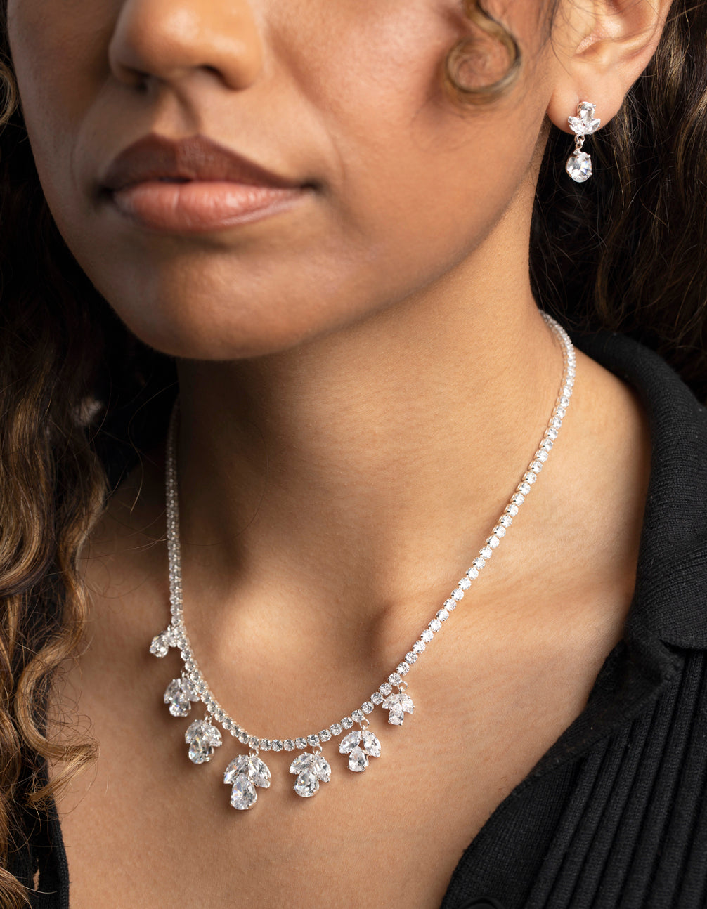 Silver Cubic Zirconia Marquise Statement Necklace & Earrings Set