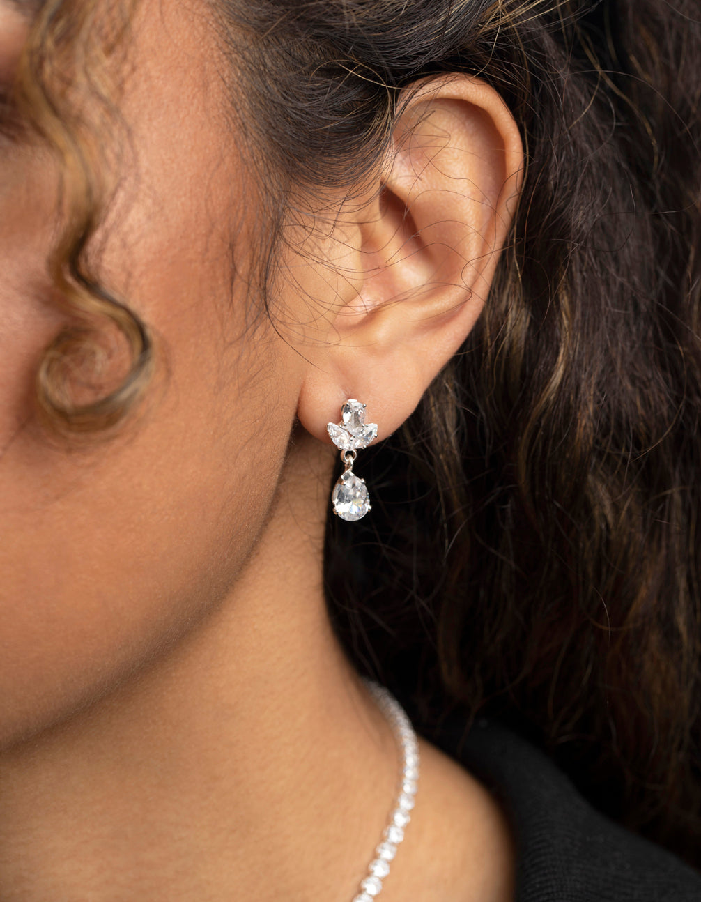Silver Cubic Zirconia Marquise Statement Necklace & Earrings Set